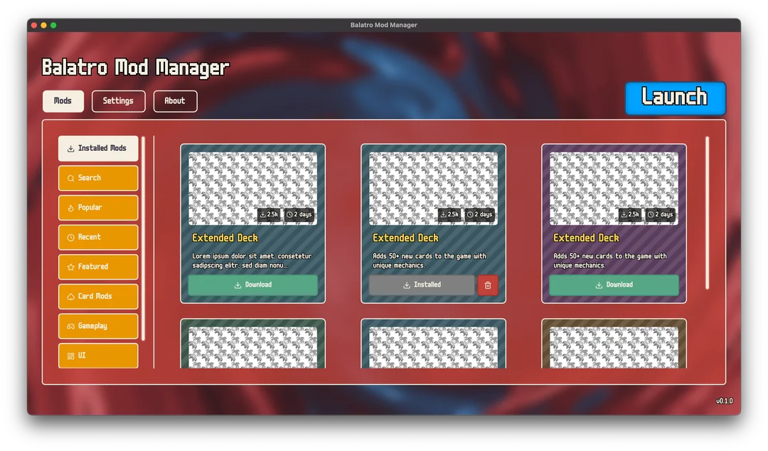 Balatro Mod Manager app showing mod catalog with download and install cards