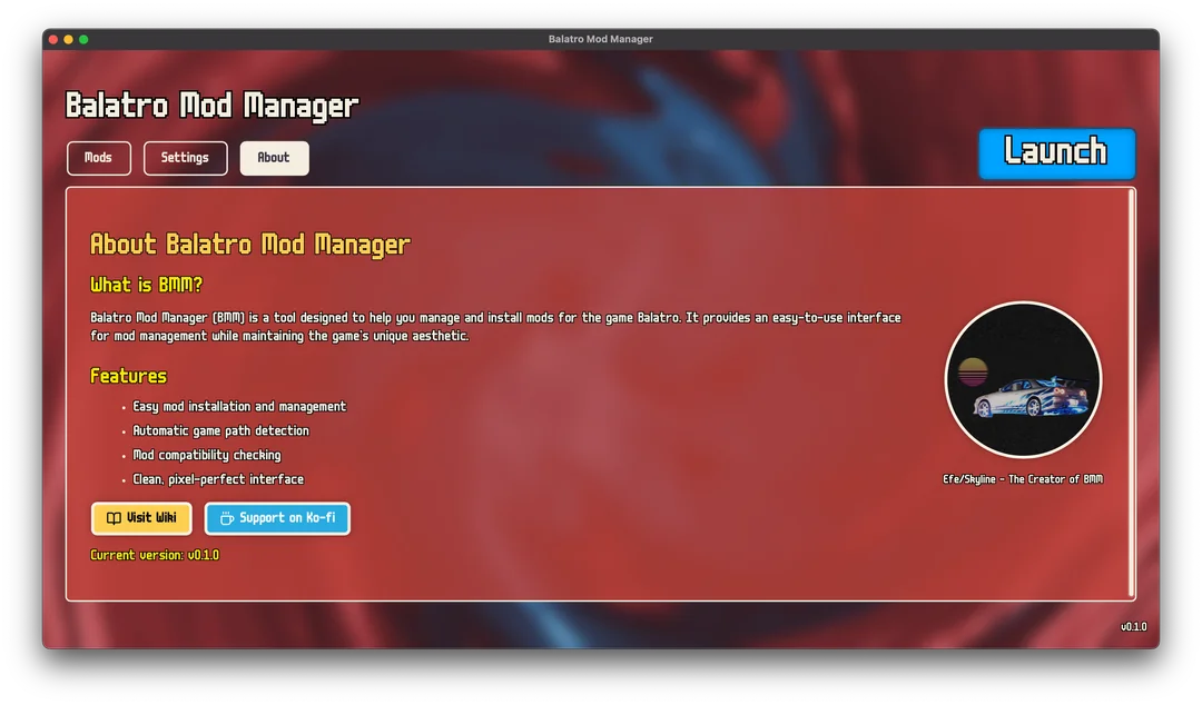 Balatro Mod Manager about page showing features and developer info