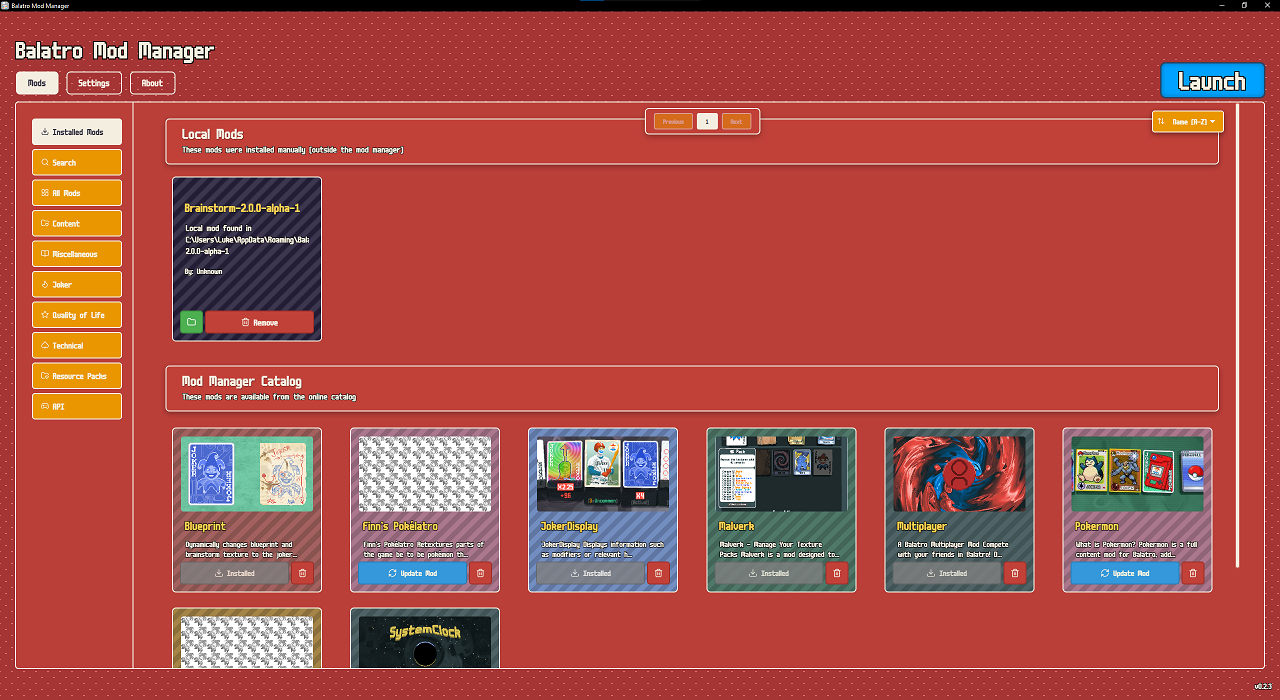 Balatro Mod Manager installed mods view with local detection and online catalog