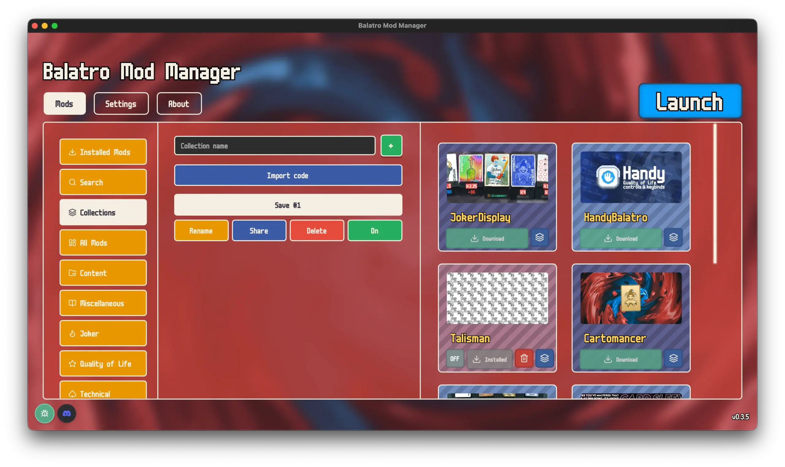 Balatro Mod Manager collections view with save management and mod cards