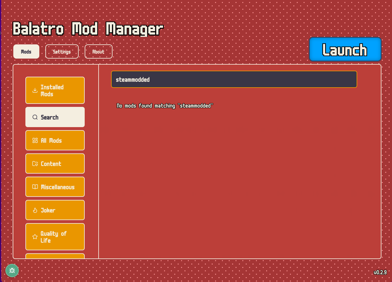 Balatro Mod Manager search interface with category sidebar and mod list